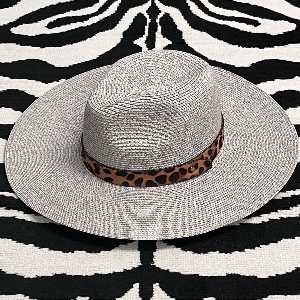 Leopard Trim Grey Straw Wide Brim Fedora Hat